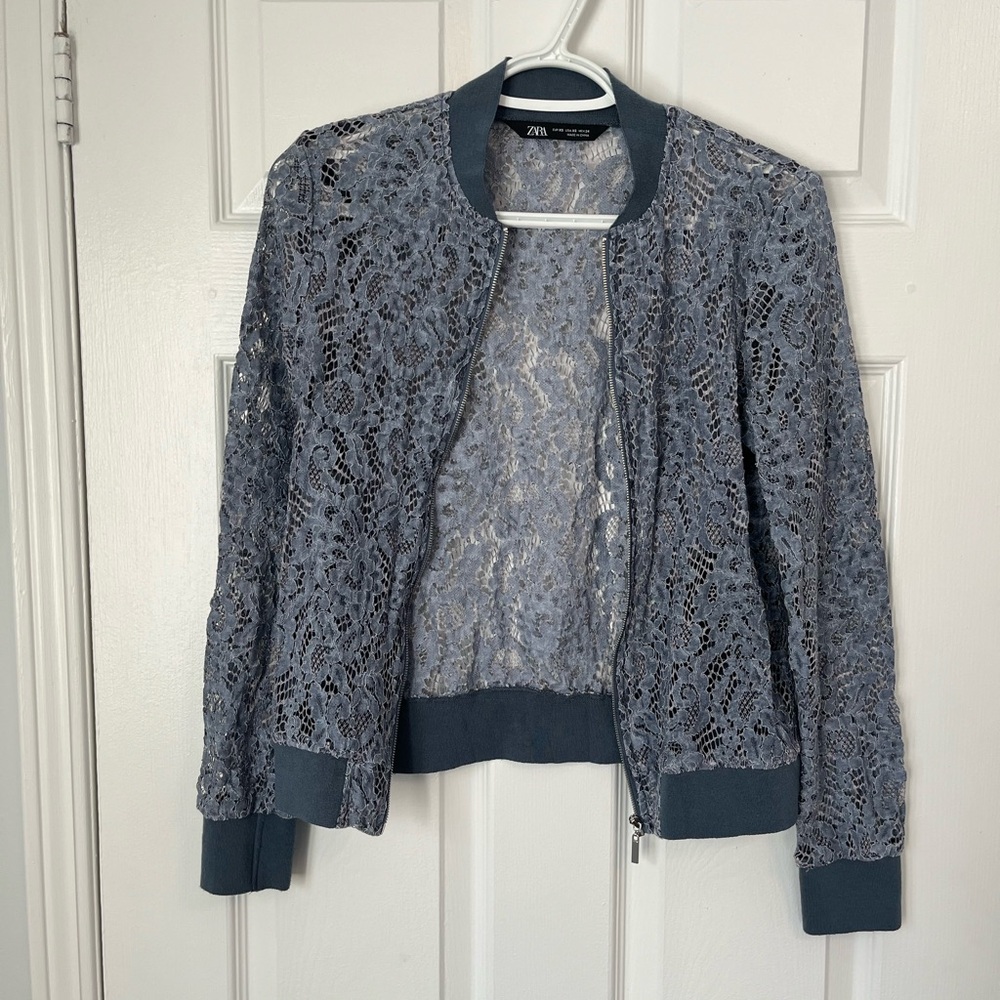 Zara Women's Dusty Blue Lace Bomber Jacket